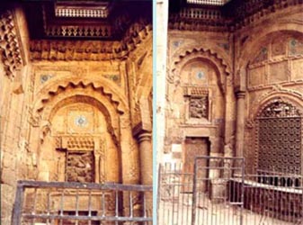 Sabil portal recess, stone deterioration -- Missing window grille and intersecting stone profile. 