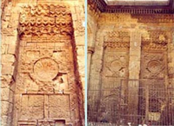 Western Façade niche, Several longitudinal cracks, Deteriorated stone and Turkish ceramic tiles.deteriorated and missing stone p